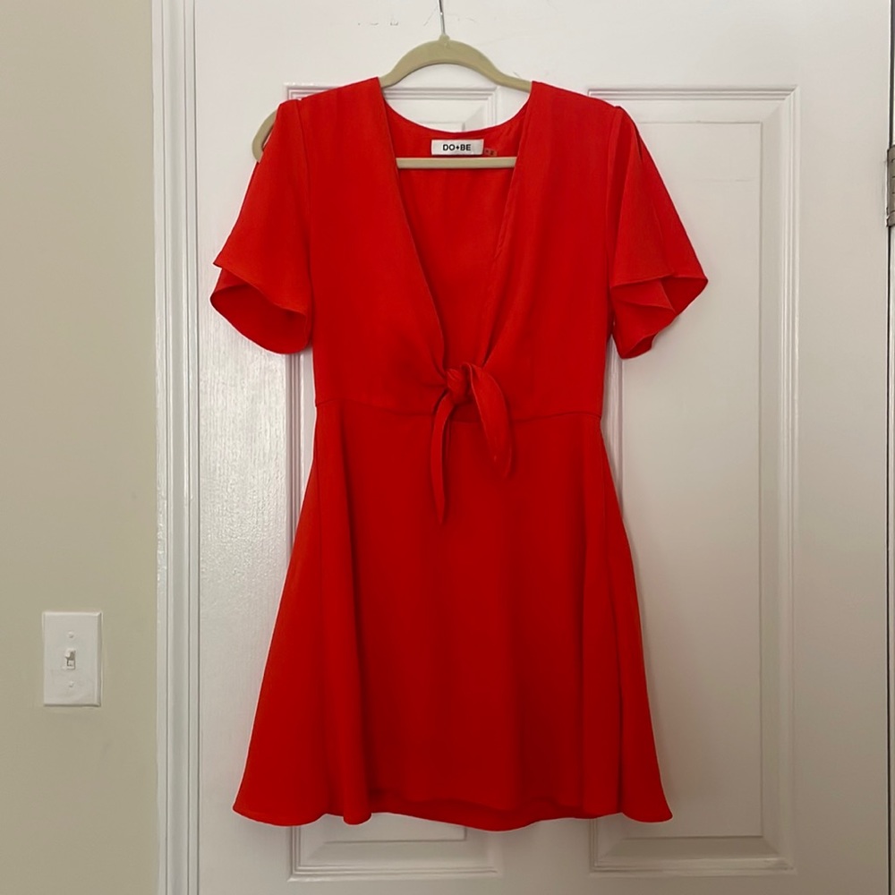 Bright Pink/Red Orange Deep V Front Tie Dress (Medium)
